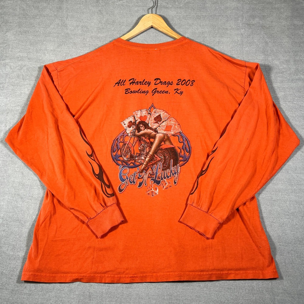 Gildan All Harley Drags 2008 Graphic Long Sleeve T-Shirt Mens 2XL Orange Cotton
